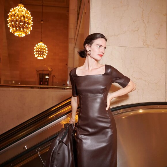 NWT MM. Lafleur Noa 2.0 in Brown Faux Vegan Leather Sheath Dress 4 $359 - Picture 8 of 9